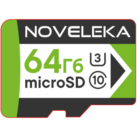Карта памяти MicroSD 64 Гб U3, class 10 + SD адаптер NOVELEKA, высокая скорость записи до 60 Мб/с